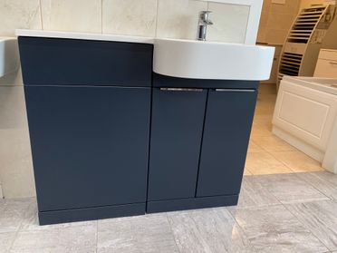 P Shape Combination Unit (LH/RH) In Indigo Matt( Available in HGW, Pearl Grey Matt, Bodega Grey).Overall Length 101cm. Made Up Of 500 WC Unit & 500 Basin Unit)