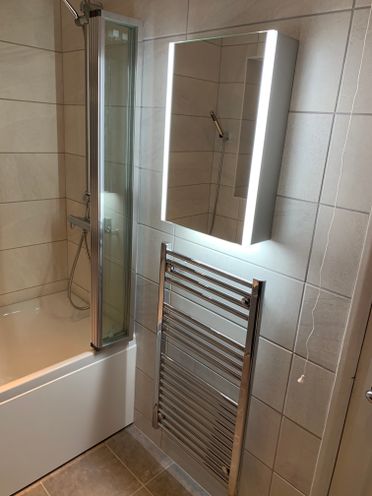 Caldini 400 x 600 LED 1 Door Mirror Cabinet, Zehnder Elan Electric Towel Warmer
