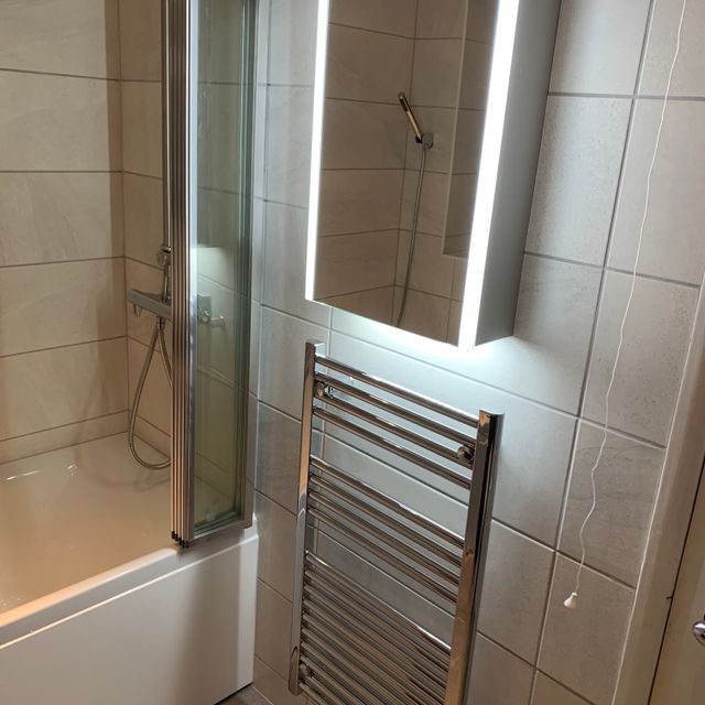 Caldini 400 x 600 LED 1 Door Mirror Cabinet, Zehnder Elan Electric Towel Warmer