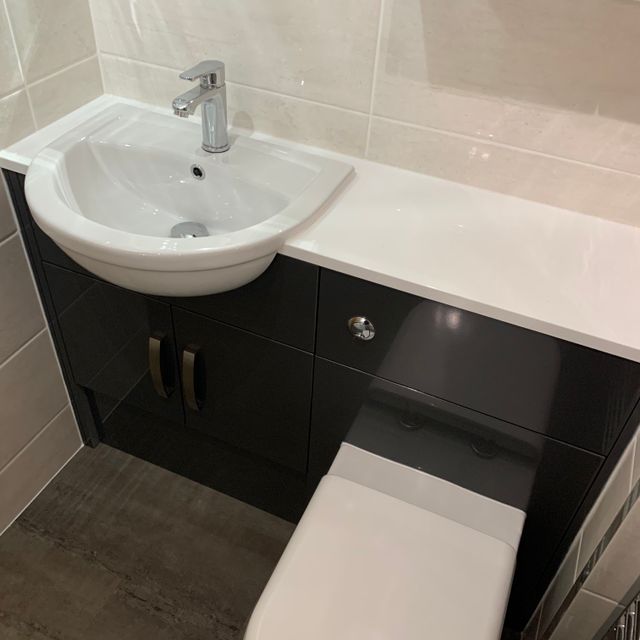 Dura Semi Recess Basin & Linslade Mono Basin Mixer. Woodstock Graphite Grey Furniture.