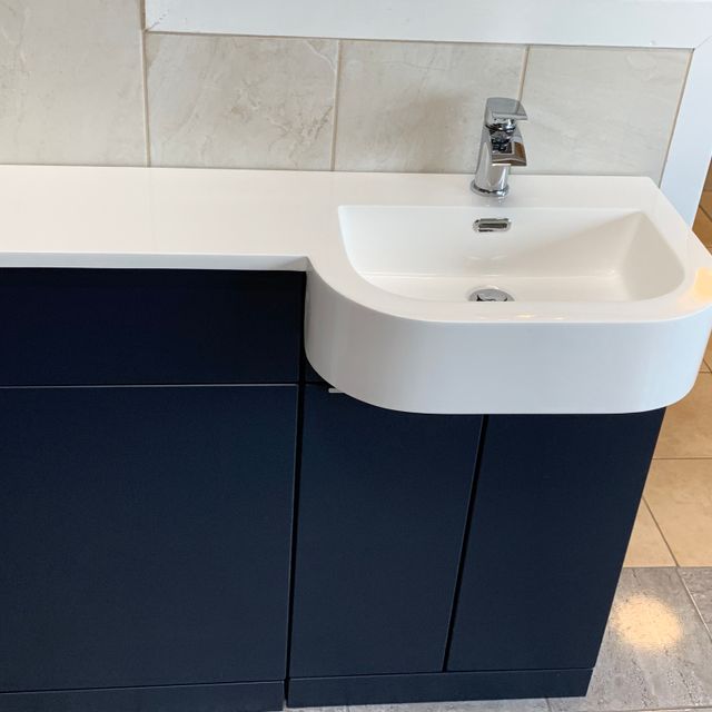 P Shape Combination Unit (LH/RH) In Indigo Matt( Available in HGW, Pearl Grey Matt, Bodega Grey).Overall Length 101cm. Made Up Of 500 WC Unit & 500 Basin Unit)