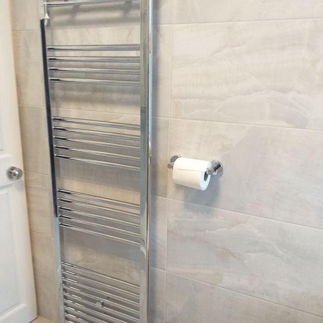 500 x 1600 C/P Towel Warmer. Dubai Blue 32 x 62.5 Wall Tiles. Genoa Solid Brass C/P Toilet Roll Holder